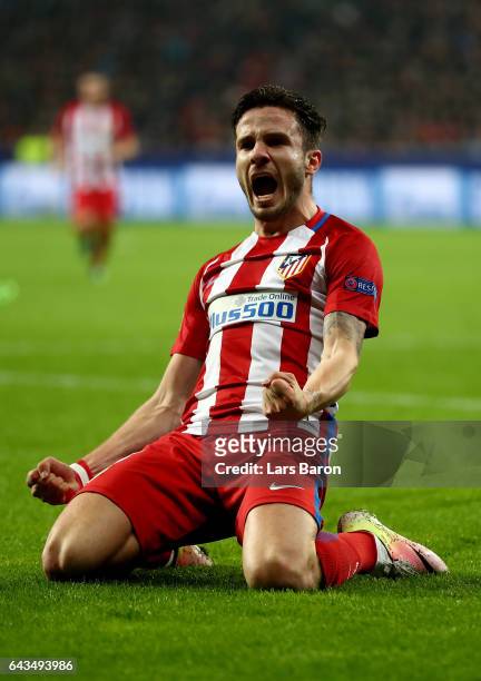 Saul Niguez of Atletico celebrates after he scores the opening goal during the UEFA Champions League Round of 16 first leg match between Bayer...