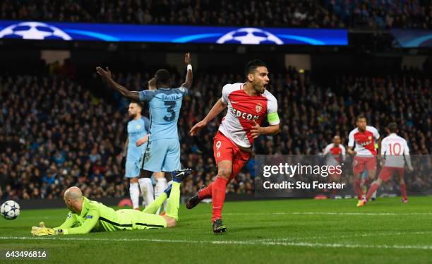 Radamel Falcao Garcia of AS Monaco celebrates as he scores their first and equalising goal during the UEFA Champions League Round of 16 first leg...