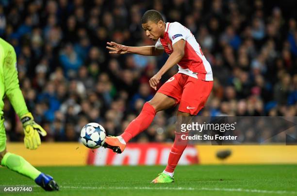 Kylian Mbappe of AS Monaco scores their second goal during the UEFA Champions League Round of 16 first leg match between Manchester City FC and AS...