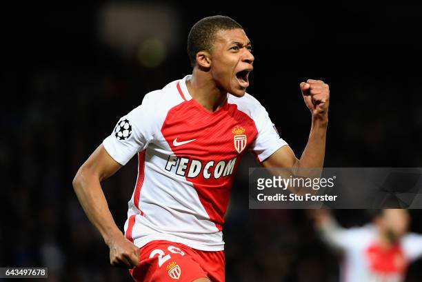 Kylian Mbappe of AS Monaco celebrates as he scores their second goal during the UEFA Champions League Round of 16 first leg match between Manchester...