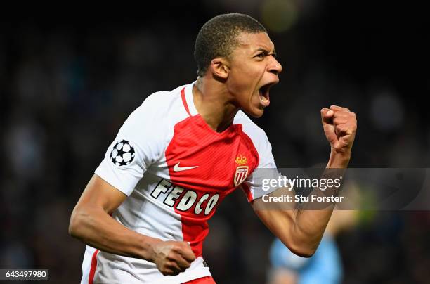 Kylian Mbappe of AS Monaco celebrates as he scores their second goal during the UEFA Champions League Round of 16 first leg match between Manchester...