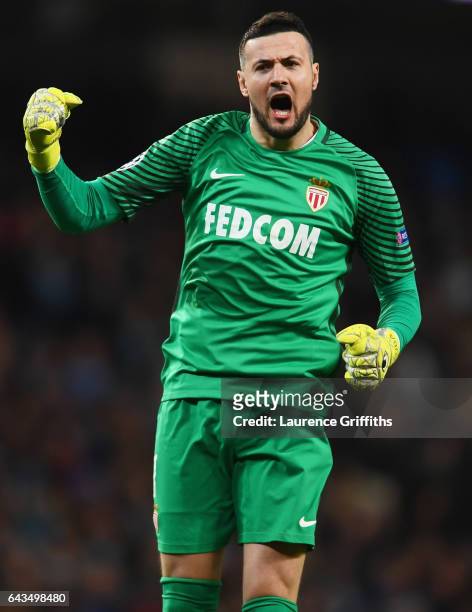 Danijel Subasic of AS Monaco celebrates during the UEFA Champions League Round of 16 first leg match between Manchester City FC and AS Monaco at...