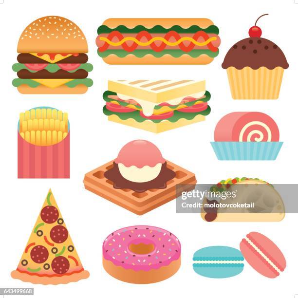 ilustrações, clipart, desenhos animados e ícones de conjunto de ícones simples fast-food - macaroon