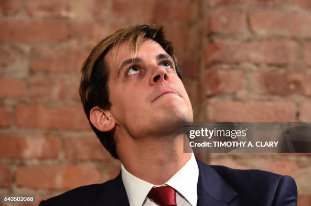 Milo Yiannopoulos holds a press conference in New York on February 21, 2017. - The conservative firebrand Milo Yiannopoulos resigned Tuesday from the...