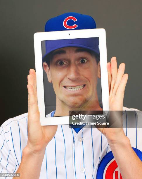 Kyle Hendricks of the Chicago Cubs poses during Chicago Cubs Photo Day on February 21, 2017 in Mesa, Arizona.