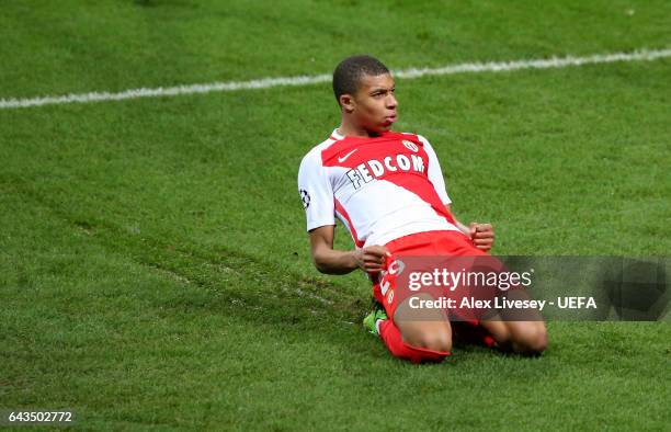 Kylian Mbappe of AS Monaco celebrates after scoring their second goal during the UEFA Champions League Round of 16 first leg match between Manchester...