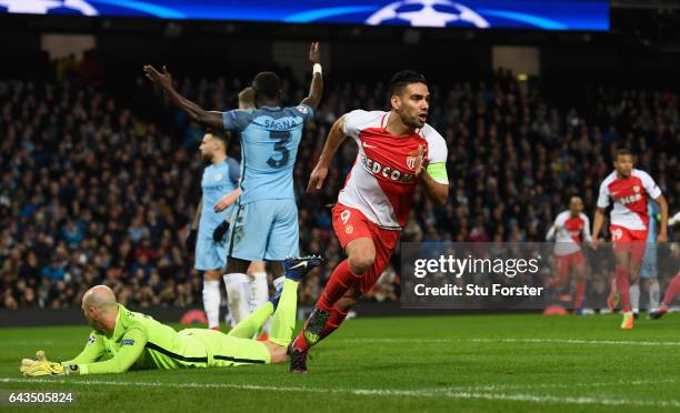 Radamel Falcao Garcia of AS Monaco celebrates as he scores their first and equalising goal during the UEFA Champions League Round of 16 first leg...