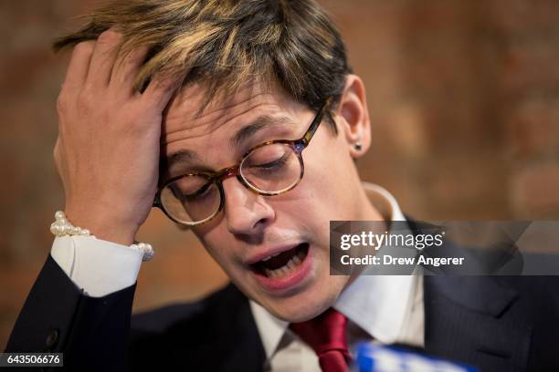 Milo Yiannopoulos announces his resignation from Brietbart News during a press conference, February 21, 2017 in New York City. After comments he made...