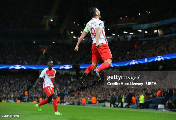 Radamel Falcao of AS Monaco celebrates after scoring their first goal during the UEFA Champions League Round of 16 first leg match between Manchester...