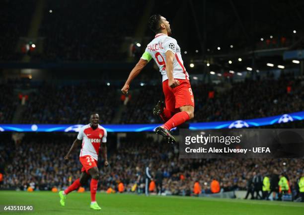 Radamel Falcao of AS Monaco celebrates after scoring their first goal during the UEFA Champions League Round of 16 first leg match between Manchester...