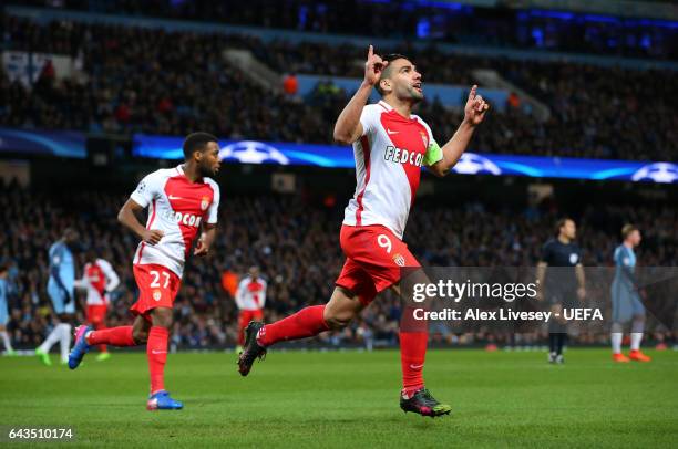 Radamel Falcao of AS Monaco celebrates after scoring their first goal during the UEFA Champions League Round of 16 first leg match between Manchester...
