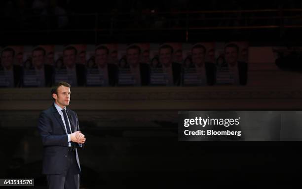 Emmanuel Macron, French presidential candidate, pauses while speaking during a campaign meeting with French expatriates at Central Hall Westminster...