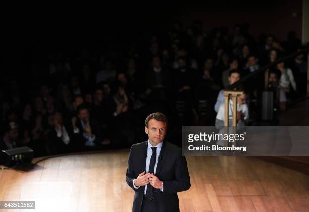 Emmanuel Macron, French presidential candidate, pauses while speaking during a campaign meeting with French expatriates at Central Hall Westminster...