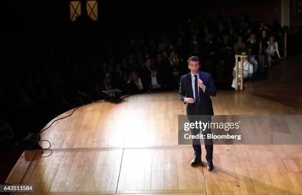 Emmanuel Macron, French presidential candidate, speaks during a campaign meeting with French expatriates at Central Hall Westminster in London, U.K.,...