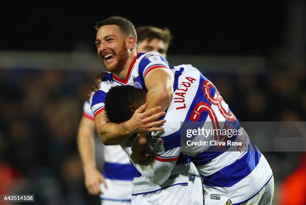 Conor Washington of QPR celebrates with Kazenga LuaLua as he scores their second goal during the Sky Bet Championship match between Queens Park...