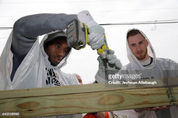 Kawhi Leonard of the San Antonio Spurs and Gordon Hayward of the Utah Jazz participate during the NBA Cares Day of Service as part of 2017 All-Star...