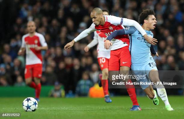 Monaco's Henrique Fabinho and Manchester City's Leroy Sane battle for the ball during the UEFA Champions League match at the Etihad Stadium,...