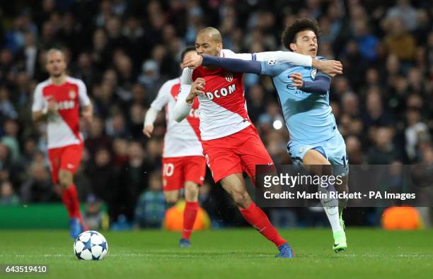 Monaco's Henrique Fabinho and Manchester City's Leroy Sane battle for the ball during the UEFA Champions League match at the Etihad Stadium,...
