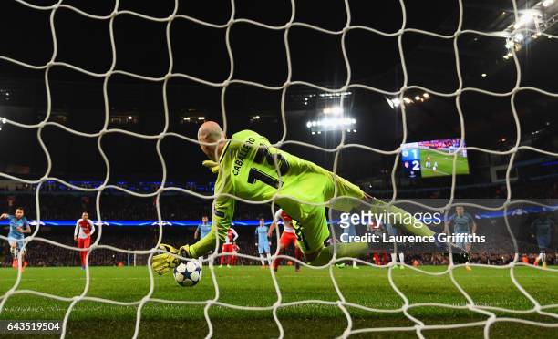Goalkeeper Willy Cabellero of Manchester City saves a penalty from Radamel Falcao Garcia of AS Monaco during the UEFA Champions League Round of 16...