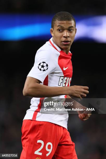 Kylian Mbappe of Monaco looks on during the UEFA Champions League Round of 16 first leg match between Manchester City FC and AS Monaco at Etihad...