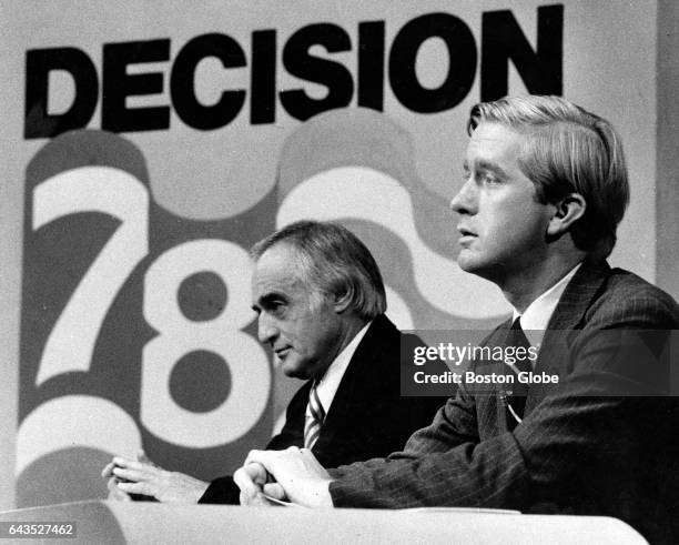 Massachusetts Attorney General incumbent Francis X. Bellotti, left, and Republican candidate for Mass. Attorney general William Weld wait to tape a...