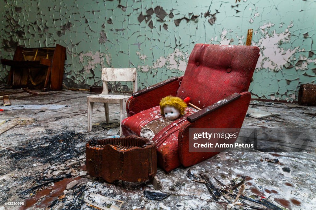 Armchair in a kindergarten in the Chernobyl zone. Prypiat, Ukraine