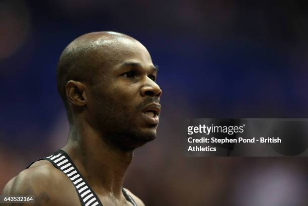 Kim Collins of Saint Kitts and Nevis looks on during the Muller Indoor Grand Prix 2017 at the Barclaycard Arena on February 18, 2017 in Birmingham,...