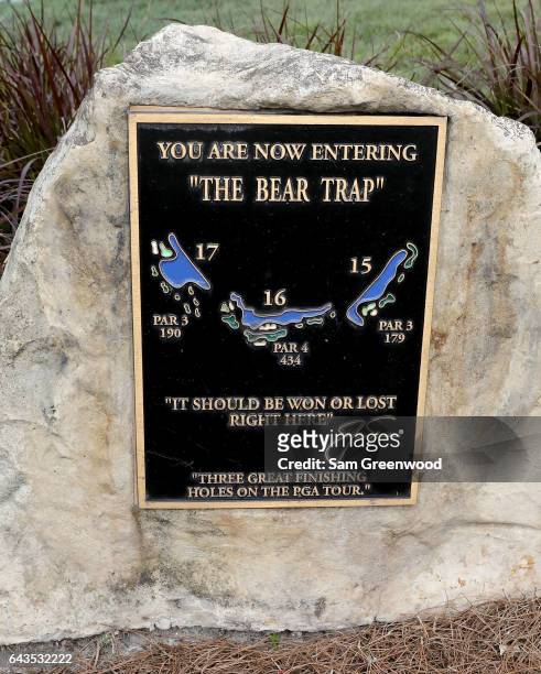 Plaque and statue commemorating "The Bear Trap" as seen during a practice round prior to The Honda Classic at PGA National Resort & Spa - Champions...
