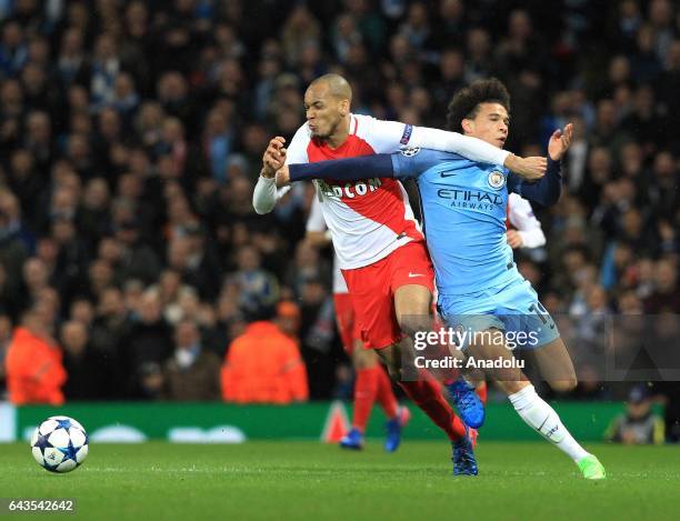 Monaco's defender Fabinho in action against Manchester City's midfielder Leroy Sane during the UEFA Champions League Round of 16 soccer match between...