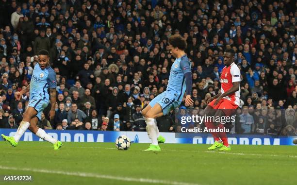 Manchester City's Leroy Sane scores a goal during the UEFA Champions League Round of 16 soccer match between Manchester City FC and AS Monaco at the...
