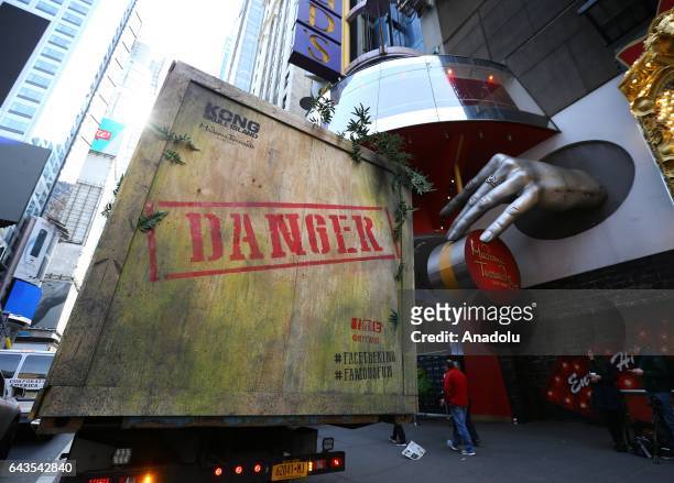 Huge box which contains the enormous animatronic Kong head, made from over 350 square feet of specialist faux hair, is seen on a lorry in front of...