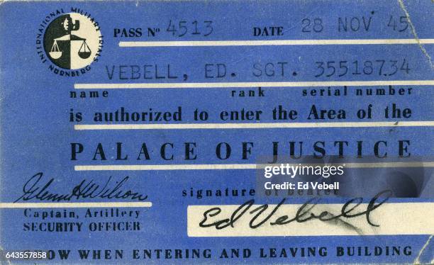 Pass issued to courtroom sketch artist Sergeant Ed Vebell to attend the Nazi War Crimes Trials at the Palace Of Justice on November 28, 1945 in...