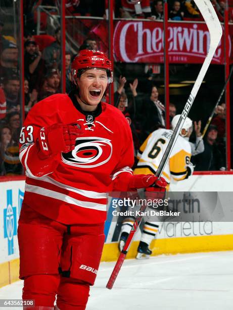 Jeff Skinner of the Carolina Hurricanes celebrates his first-period goal against the Pittsburgh Penguins during an NHL game on February 21, 2017 at...