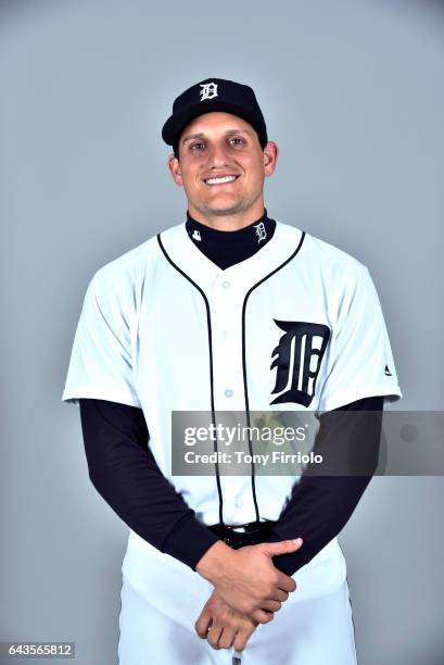 Mikie Mahtook of the Detroit Tigers poses during Photo Day on Sunday, February 19, 2017 at Publix Field at Joker Marchant Stadium in Lakeland,...