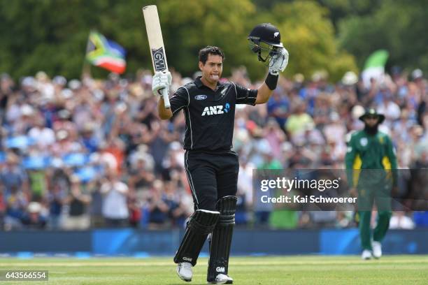 Ross Taylor of New Zealand celebrates his century during game two of the One Day International series between New Zealand and South Africa at Hagley...