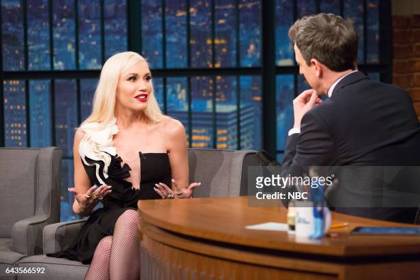 Episode 493 -- Pictured: Gwen Stefani during an interview with host Seth Meyers on February 21, 2017 --