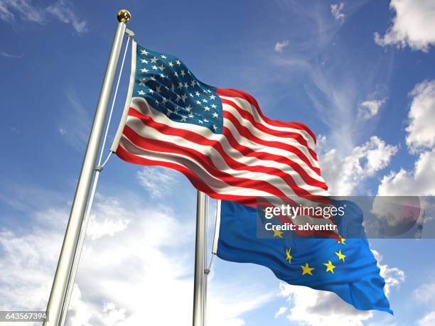 amerikanische und europäische union flaggen wehten gegen den himmel - europaflagge stock-grafiken, -clipart, -cartoons und -symbole