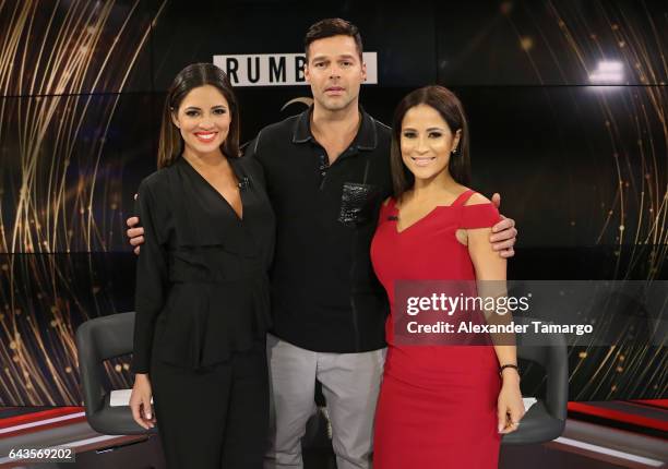 Pamela Silva, Ricky Martin and Jackie Guerrido are seen on the set of "Primer Impacto" at Univision's Newsport Studios on February 21, 2017 in Miami,...