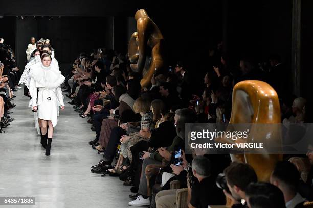 Model walks the runway at the Burberry designed by Christopher Bailey Ready to Wear Fall Winter 2017-2018 fashion show during the London Fashion Week...