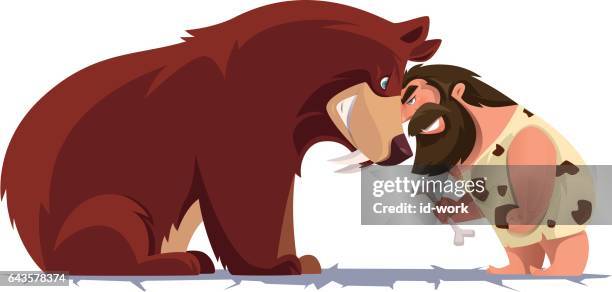 höhlenmensch bären zu verteidigen - tier verteidigung stock-grafiken, -clipart, -cartoons und -symbole