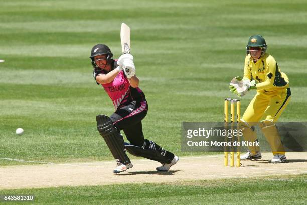 Rachel Priest of New Zealand bats in front of Alyssa Healy of Australia during the Women's Twenty20 International match between the Australia...
