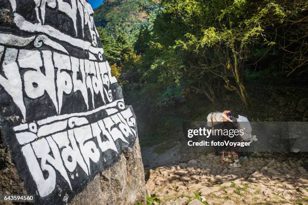 woman sherpa yak driver himalaya mountain trail mani stone nepal - silentfoto heather stock pictures, royalty-free photos & images