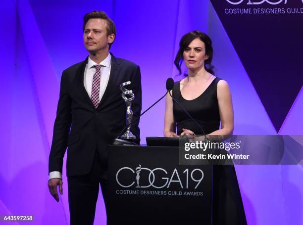 Actors Jimmi Simpson and Maggie Siff speak onstage at The 19th CDGA with Presenting Sponsor LACOSTE at The Beverly Hilton Hotel on February 21, 2017...