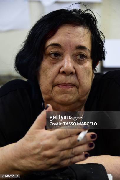 Rosa Magalhaes, responsible for the Sao Clemente samba school's carnival performance -which this year will be about France- speaks during an...