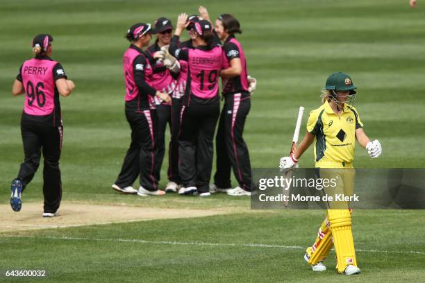 Meg Lanning of Australia leaves the field after getting out to Holly Huddleston of New Zealand during the Women's Twenty20 International match...