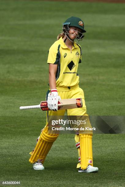 Meg Lanning of Australia leaves the field after getting out to Holly Huddleston of New Zealand during the Women's Twenty20 International match...