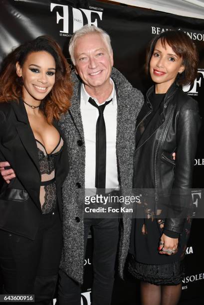 Presenters Alicia Fall, Laurent Boyer and actress Sonia Rolland attend the FDF Magazine Launch Party at Hotel Christian Dior on February 21, 2017 in...