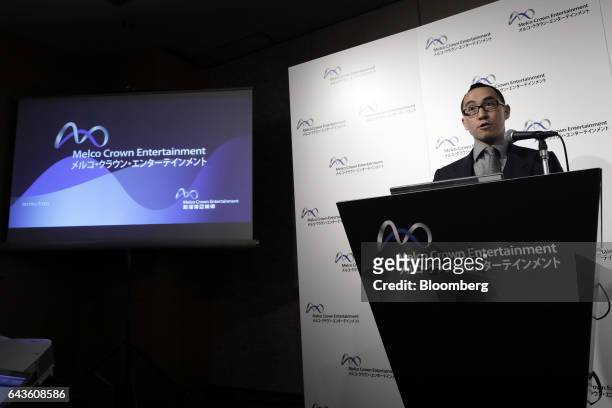Billionaire Lawrence Ho, chairman and chief executive officer of Melco Crown Entertainment Ltd., speaks during a media briefing at the 14th CLSA...