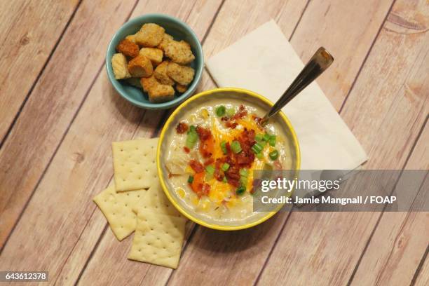 chicken and corn chowder - corn chowder stock pictures, royalty-free photos & images