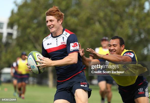 Nic Stirzaker of the Rebels runs with the ball during a Melbourne Rebels Super Rugby training session at Gosch's Paddock on February 22, 2017 in...